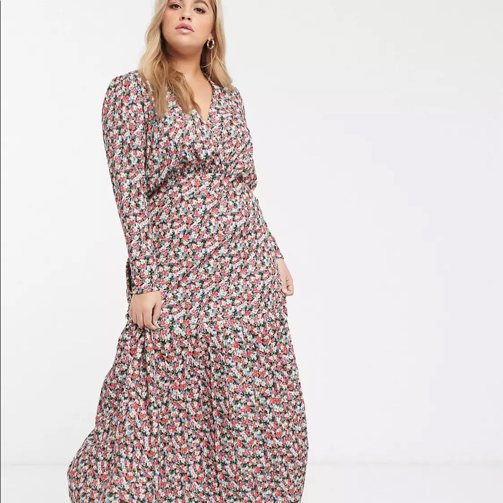 ASOS Curve Long sleeve maxi tea dress is pink floral print sz 20